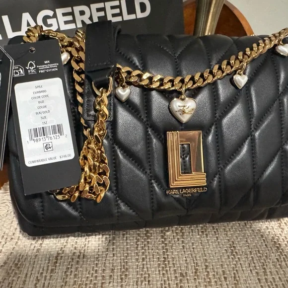 NWT Karl Lagerfeld Black Quilted Leather Shoulder or crossbody Bag 🖤 - Picture 4 of 12